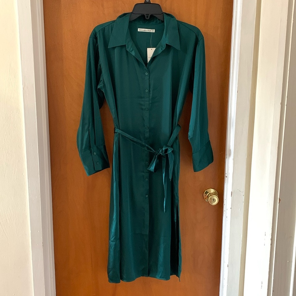 Abercrombie Green Satin Button Down Shirt Dress